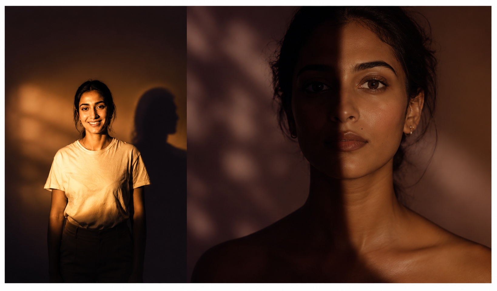 South Asian woman in warm, dramatic light.